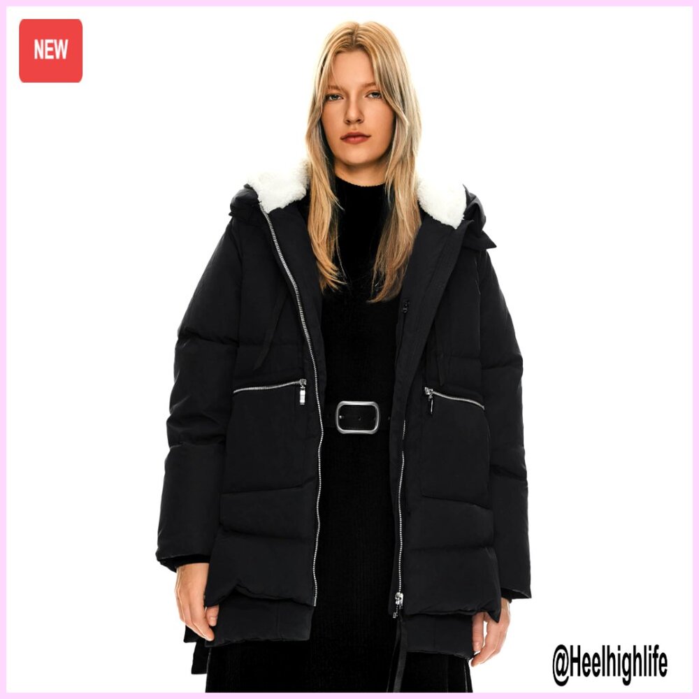 Thickened Down Jacket, Windproof Fleece Hood, 6 Pockets, Winter Coat